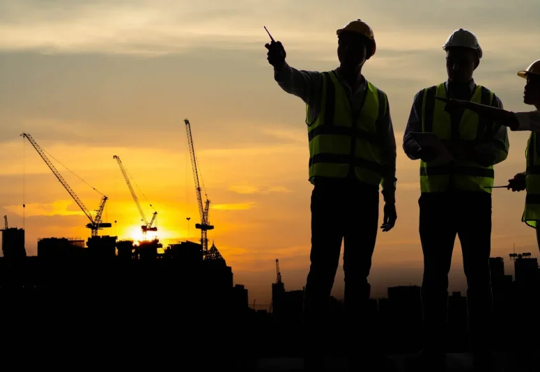 Silhouette,Of,Team,Engineer,At,Construction,Site.,Successful,Architect,Wearing